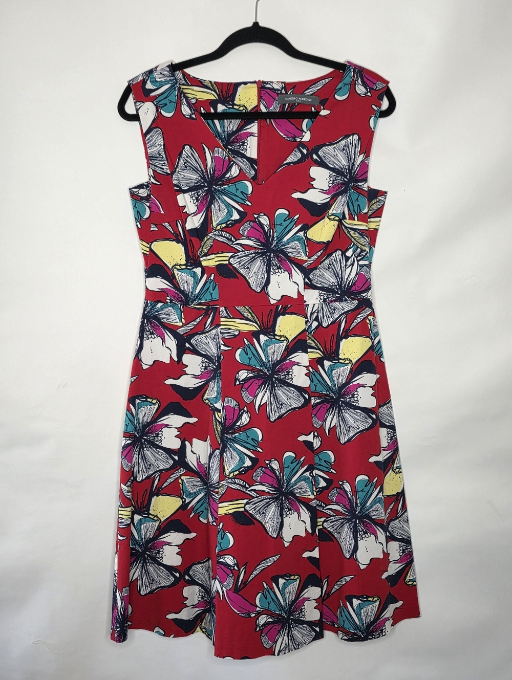 Sandro Ferrone Floral Fit Flare Dress 10 Cotton V-neck Stretch Italy Designer